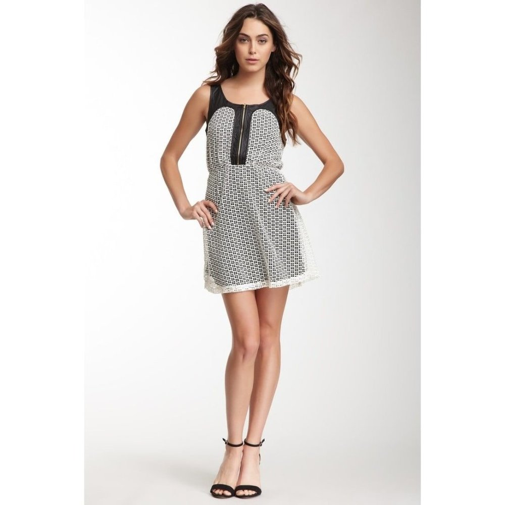 Romeo & Juliet Womens Mesh Lace Fit & Flare Dress Faux Leather Black White SZ L